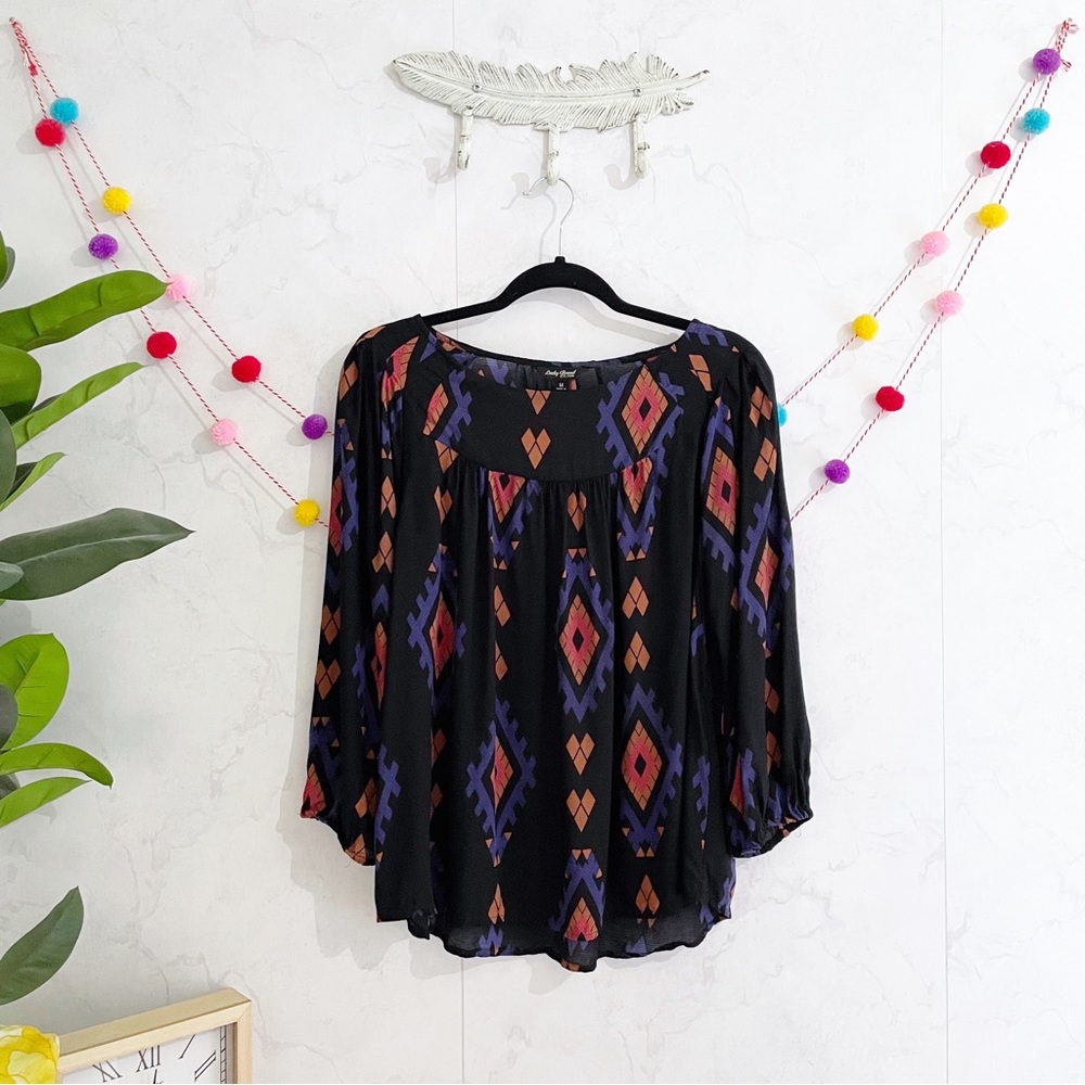 Lucky Brand Black Boho Geometric Print Blouse